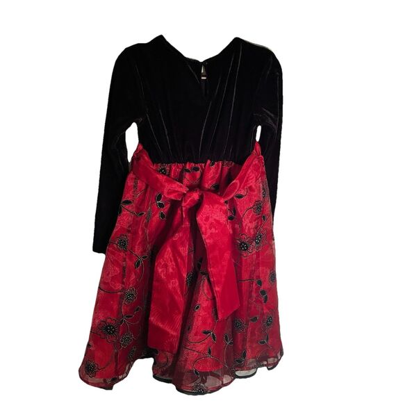 Blueberi Boulevard Girls Red Black Party Dress. Velvet Feel Top, Embroidered 6 - Picture 11 of 11